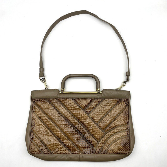 Vintage 70s Bags by Supreme Beige Leather & Python Skin Top Handle Shoulder Bag - Picture 2 of 16